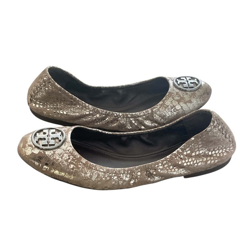 Tory Burch Metallic Silver Leather Ballet Flats, gunmetal hardware logo, Sz: 9 M - Picture 5 of 8